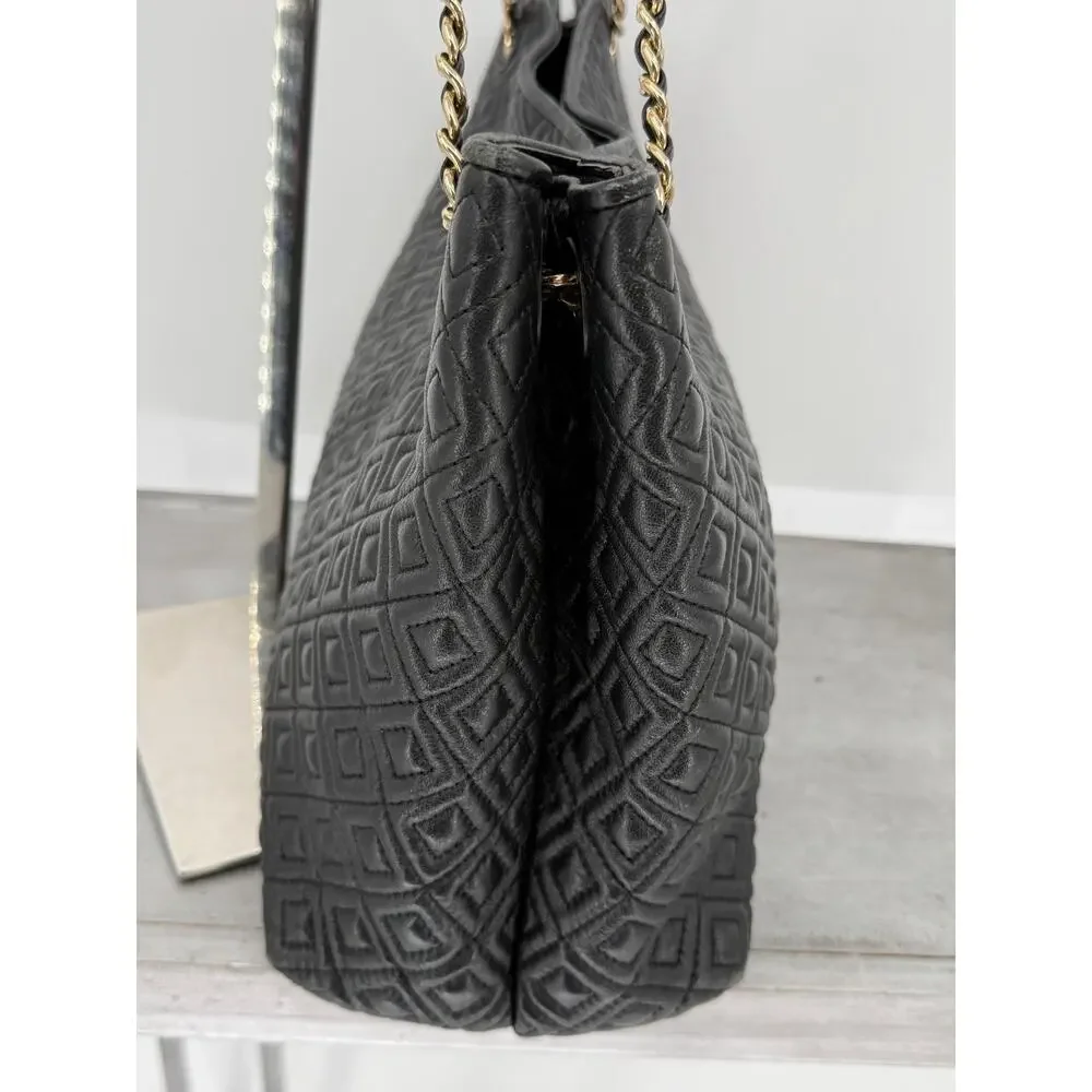 Tory Burch Fleming Black Leather Quilted Chain Tote Shoulder Bag Large Designer